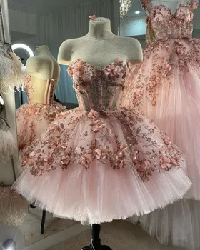 Персиково-розовые короткие платья для выпускного вечера, милый корсет с 3D цветочной шнуровкой, пышное вечернее платье для выпускного вечера, посвященного возвращению домой, obes de soiré