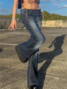 Винтажные джинсы Harajuku Hot Mom в корейском стиле, джинсы Y2K, гранж, карманы с низкой талией, узкие брюки-клеш в стиле ретро 2000-х, брюки-карго в стиле ретро