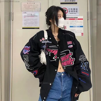 Harajuku Универсальная куртка-бомбер Y2k, гоночная Женская куртка-бомбер, верхняя одежда с буквенной вышивкой, Корейская Винтажная Весенняя одежда