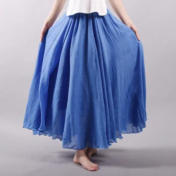 Женская модная хлопковая льняная юбка, Длинная, с высокой талией, большого размера, эластичные юбки трапециевидной формы для девочек, плиссированные, Однотонные, синие, Этнические, Винтажные, Сладкие
