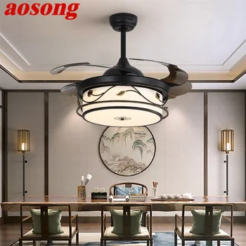 Современный потолочный вентилятор AOSONG со светодиодной подсветкой черного цвета с дистанционным управлением, 3 цвета светодиодов для домашней столовой, спальни, ресторана