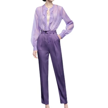 2023 Совершенно новая весенне-осенняя офисная женская рабочая одежда из 2 предметов с оборками, Тонкая прозрачная блузка + прямые брюки, комплекты панталонов