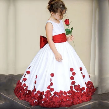 Платье с цветочным узором для девочек, вечернее платье без рукавов с круглым вырезом и красным большим бантом на поясе, для свадебных платьев для выпускного вечера.
