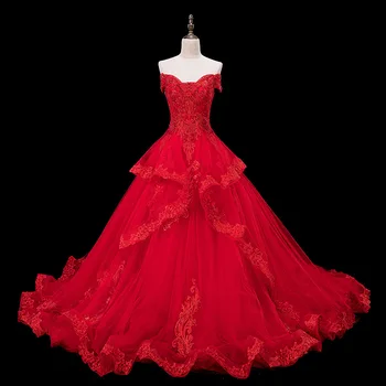 Свадебное платье 2022 New Bride Свадебное Красное с открытыми плечами, без рукавов, повязка с большим хвостом, кружевные свадебные платья по краю