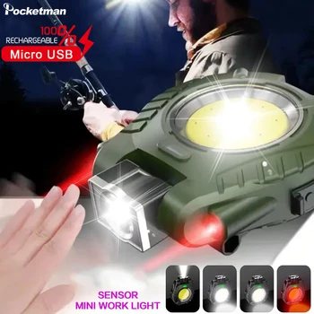 Портативный светодиодный светильник с зажимом COB, фонарик, ИК-датчик движения, USB-налобный фонарь, мини-брелок, рабочий светильник, аварийный светильник