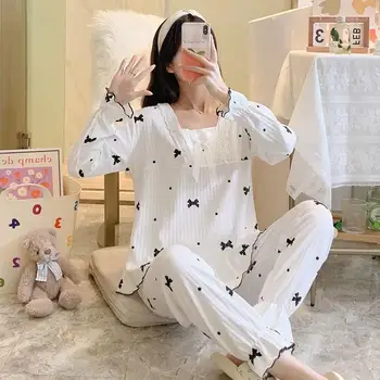 Пижамный комплект с принтом, весенне-осенняя пижама с длинными рукавами, милая домашняя одежда большого размера, хлопковый комплект