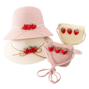 Новая летняя детская повседневная соломенная шляпа, сумка для отдыха на природе, вишневая шляпа от солнца для девочки, панама, кепка, набор сумок