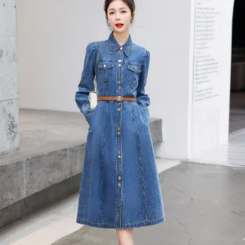 Модное джинсовое однобортное повседневное платье Миди 2023, Корейский Винтажный пояс с отложным воротником, Вечерние платья OL, Женская одежда