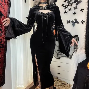 Женское сексуальное платье ведьмы, винтажные средневековые костюмы для косплея, вечернее платье с капюшоном и длинными рукавами на Хэллоуин, готические наряды для электронных девочек, выпускные вечера 