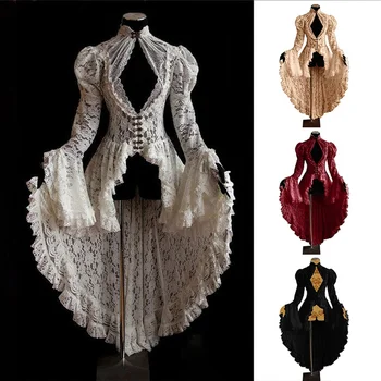 Женское винтажное кружевное викторианское платье с длинным расклешенным рукавом, готические плиссированные открытые платья с длинным хвостом, ретро-платье на Хэллоуин, косплей