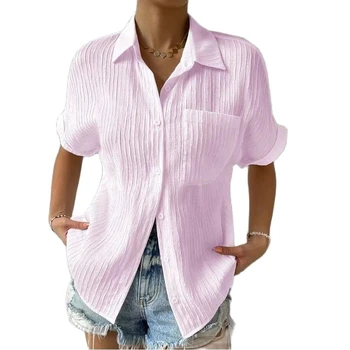 Женская рубашка, весенне-летние блузки, однотонная женская одежда, Однотонная повседневная рубашка с отворотом и карманом, рубашка с короткими рукавами, женская сорочка