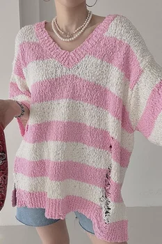 Korobov/ Шикарный Летний Сладкий трикотаж, Ленивый свитер с V-образным вырезом контрастных цветов в полоску, свободный топ с дырками, Корейские модные пуловеры