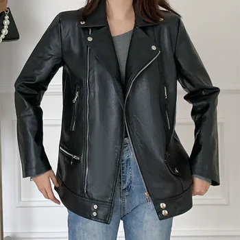 Демисезонная Женская черная куртка из искусственной кожи, свободная повседневная мотоциклетная байкерская куртка, женская уличная одежда с отворотом на молнии и длинным рукавом