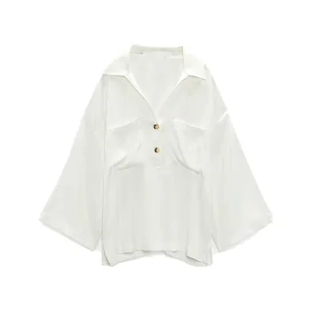 Zach AiIsa высококачественная новая женская универсальная рубашка поло с воротником-стойкой и широкими рукавами из шелкового атласа, свободная повседневная драповая рубашка с большим карманом