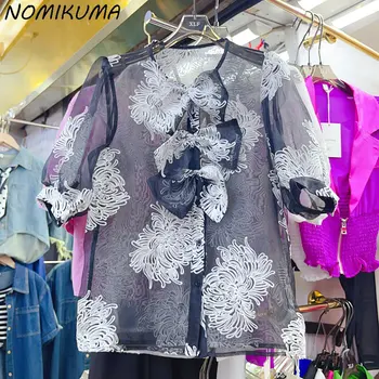 Nomikuma Хит Colro Вышивка Сладкий 3D Бант Винтажная Блузка С Пышными Рукавами Рубашка 2023 Летние Прозрачные Сетчатые Блузы Топы Mujer