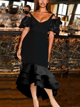 Элегантные Вечерние Платья-Торты с V-образным вырезом и Оборками для Женщин 2023, Сексуальное Облегающее Летнее Вечернее Платье, Черное Лоскутное Платье Макси