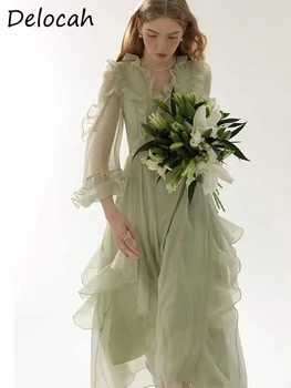 Высококачественное весеннее женское модное дизайнерское платье Delocah с широкими рукавами-фонариками, высокая талия, однотонное длинное платье с оборками, отделанное оборками