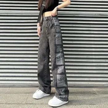 Джинсовые брюки MEXZT Y2K с уличным принтом, женские прямые джинсы в стиле харадзюку в стиле панк с высокой талией, широкие брюки в стиле хип-хоп, потертые брюки