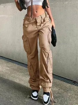 Винтажные брюки-карго, Мешковатые Джинсы, женская Уличная мода 90-х, Широкие карманы, Прямые джинсовые брюки Y2k с высокой талией, комбинезон
