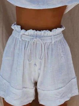 2023 Белые Свободные плиссированные брюки с эластичной резинкой на талии, Женский пляжный пояс, хлопковые льняные брюки с высокой талией, Модные Женские Прямые короткие брюки