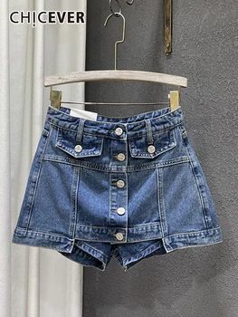 Модные джинсовые шорты CHICEVER Для женщин, высокая талия, однобортные складки, Широкие брюки в стиле пэчворк, женская летняя одежда