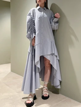 Женское платье-рубашка с нерегулярными оборками на шнурке, Японская Весна-лето 2023, Повседневные платья с длинным рукавом, простые модные халаты