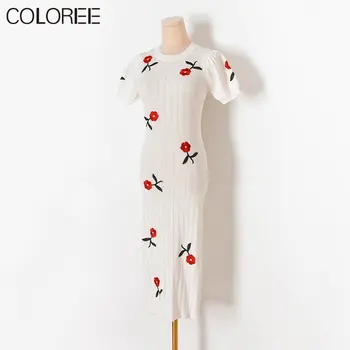 Элегантные женские платья с цветочной вышивкой 2023, Повседневное Белое Черное вязаное платье-свитер с круглым вырезом, летние платья Миди