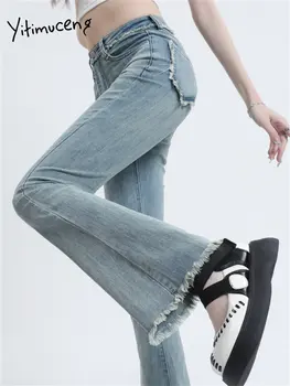 Yitimuceng Винтажные джинсы с кисточками для женщин Корейская мода, расклешенные джинсы полной длины, Старые повседневные джинсы уличной одежды
