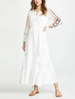 Женские платья, винтажное платье Миди с вышивкой, длинным рукавом, поясом, отделкой оборками, галстуком-кисточкой, Богемное Белое платье