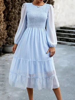 Женское платье трапециевидной формы с круглым вырезом и пышными рукавами, гофрированное, с высокой талией