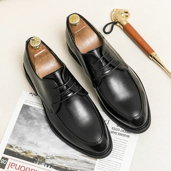 Кожаные мужские туфли-оксфорды для джентльменов, Роскошная брендовая мужская деловая повседневная обувь на шнуровке, стильные классические мужские туфли с заостренными носками для свадьбы