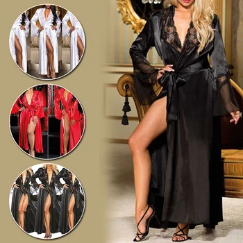 Сексуальный кружевной халат, имитирующий шелковое кружево, Длинная пижама, прозрачный халат, ночное белье, халат, черно-белая ночная рубашка