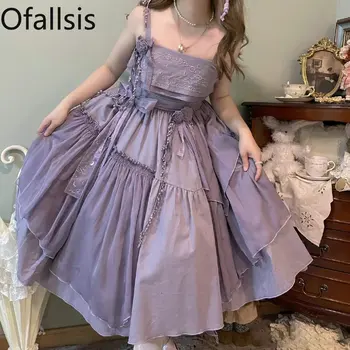 Ofallsis Фиолетовое платье на бретельках с объемной вышивкой 2023, Летние платья в японском стиле для странствующих фей на день рождения