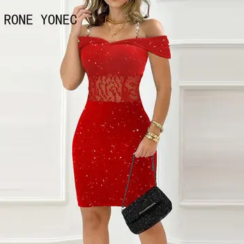 Женское блестящее кружевное украшение в виде цепочки, бретельки с косым воротником, Облегающее мини-платье для вечеринки Красного цвета
