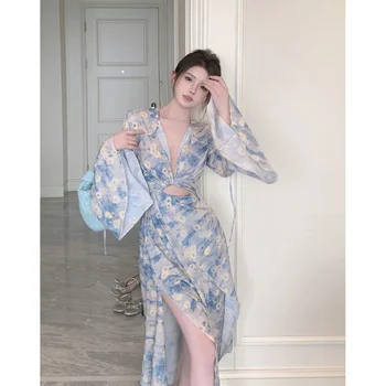Французское винтажное элегантное платье МИДИ с цветочным рисунком, Офисное женское Пляжное модное повседневное платье, женское даже вечернее платье, Корейское лето 2023 г.
