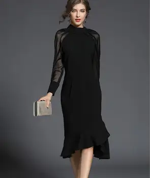 Женское весенне-летнее платье с длинным сетчатым рукавом, однотонное черное платье с рыбьим хвостом, женское платье с высокой талией, тонкое шикарное платье TB932