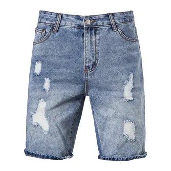 Мужские джинсовые шорты, мужские светло-голубые повседневные спортивные брюки с перфорацией в обтяжку, мужские летние шорты для пляжного отдыха, рваные джинсы