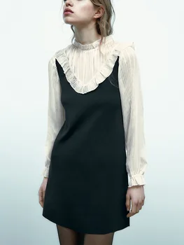 Новинка в платьях, женская одежда 2023, Модное женское контрастное трикотажное платье в стиле пэчворк с длинным рукавом, милое черное мини-платье с оборками