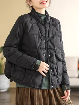 Johnature 2023 Женское новое винтажное Корейское пуховое пальто с обжимными вставками, повседневный карман на пуговицах, однотонное пуховое пальто