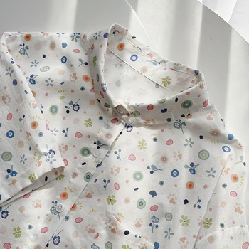Летняя повседневная хлопковая рубашка с милым цветочным принтом, женская одежда Белого цвета, однобортная блузка с короткими рукавами, топы U174