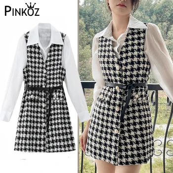 Pinkoz элегантный комплект из двух предметов, мини-платье в клетку с v-образным вырезом, пуговицы, карманы, длинный жилет + белая женская блузка, офисные женские туфли в корейском стиле, vestidos za
