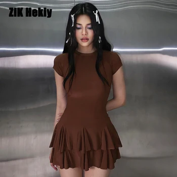 Zik Hekiy Однотонное сексуальное платье с коротким рукавом и круглым вырезом, винтажные платья для женщин, одежда Y2k с рюшами, цельные наряды