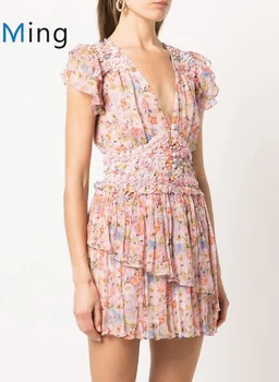 Женское мини-платье с V-образным вырезом из 100% шелка с цветочным принтом, коротким рукавом и многослойными оборками
