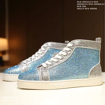 Дизайнерская роскошная мужская обувь, женские кроссовки с высоким берцем, украшенные льдисто-голубыми бриллиантами и заклепками для ночного клуба, пара кроссовок