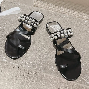 Модные Сандалии для женщин Летняя обувь Большие размеры 40 Трикотажные сандалии-гладиаторы на квадратном каблуке Повседневная черная обувь для вечеринок
