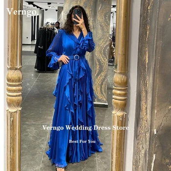 Verngo Синие шифоновые вечерние платья Дубай Арабские платья с оборками для выпускного вечера длиной до пола Вечернее платье для официальной вечеринки Винтаж 2023 года