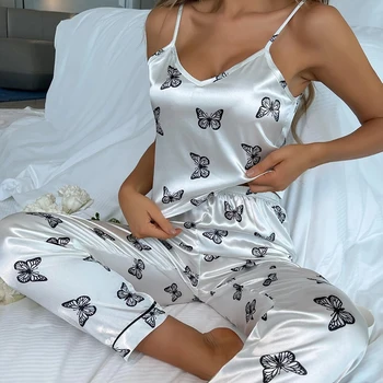 Сексуальный Пижамный комплект с цветочным Рисунком, Женский Комплект из 2 предметов, Пижама, Шелковый Атласный Топ на Бретелях + Длинные брюки, Пижама, Летний Пижамный Комплект для Женщин