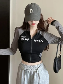 Y2K уличная одежда, женские укороченные топы, летняя корейская мода, облегающая куртка с длинными рукавами и средним воротником на молнии, топы в стиле панк хип-хоп Harajuku