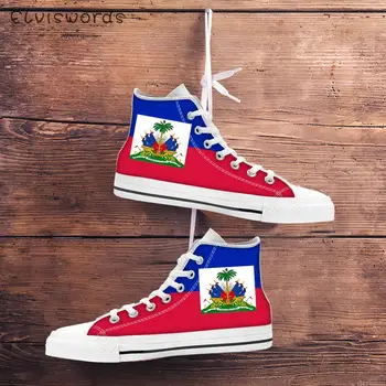 ELVISWORDS/ Классические женские Вулканизированные Туфли с Высоким берцем с Рисунком Флага Гаити; Повседневная Парусиновая Обувь на шнуровке для Девочек; Студенческая обувь на плоской подошве