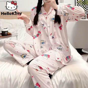 Sanrio Hello Kitty Пижамы Женский Милый Мультфильм Аниме Комплект домашней одежды Женская Одежда для отдыха Пижамы Y2k Kawaii Ночная Одежда Корейский